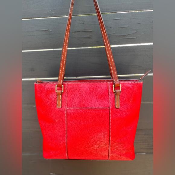 Dooney & Bourke Red Lexington Pebbled Leather Tote Bag | Brown Handles - Picture 15 of 16